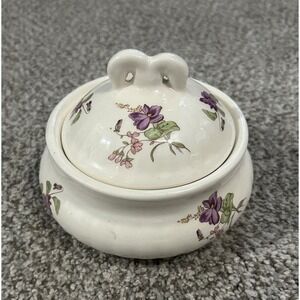 Ceramic Covered Candy Dish Made In England Purple Floral With Lid Hand Painted